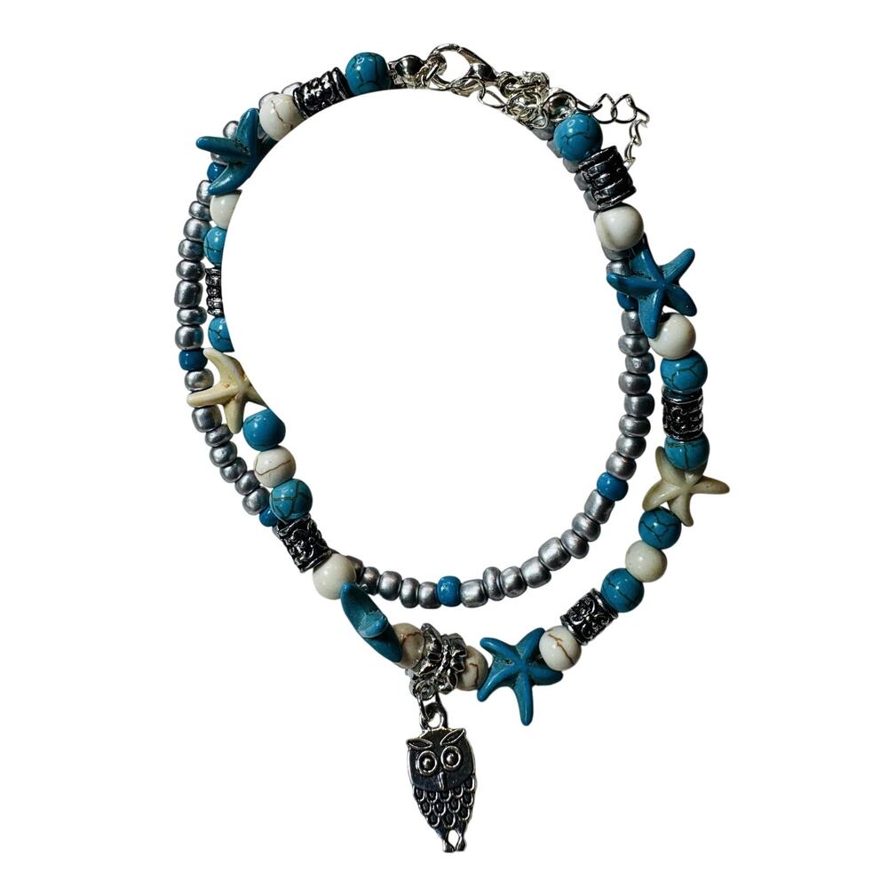 Owl Anklet for Women Beads Beach Ankle Bracelet Set Boho Foot Jewelry - vn